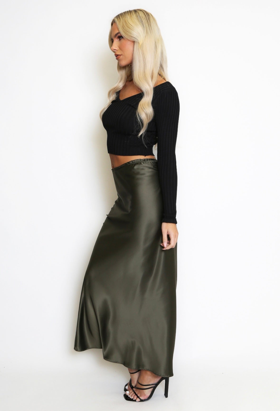 Khaki green satin maxi skirt