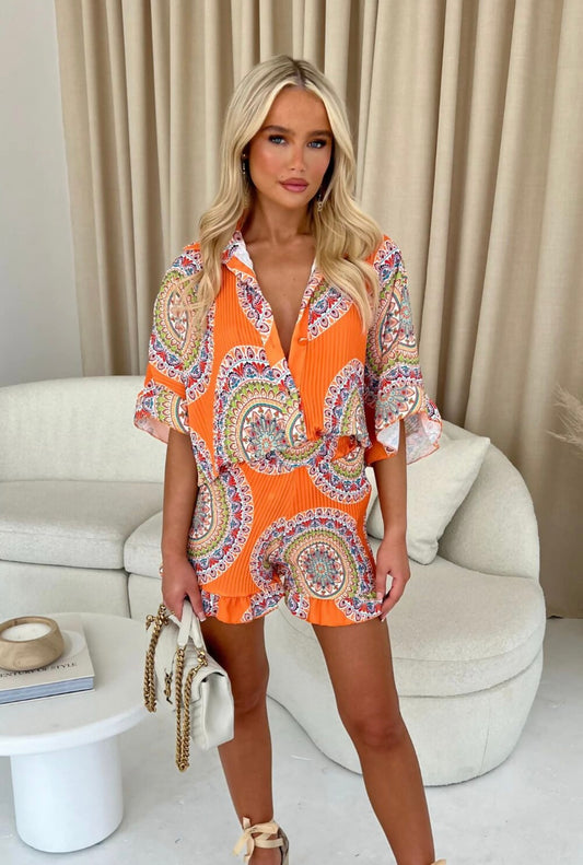 Orange patterned textured shorts & shirt set