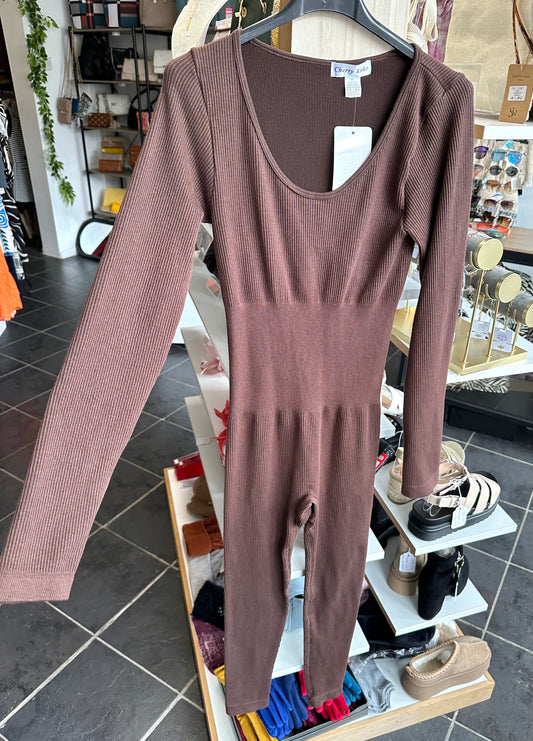 Brown ribbed long sleeve jumpsuit