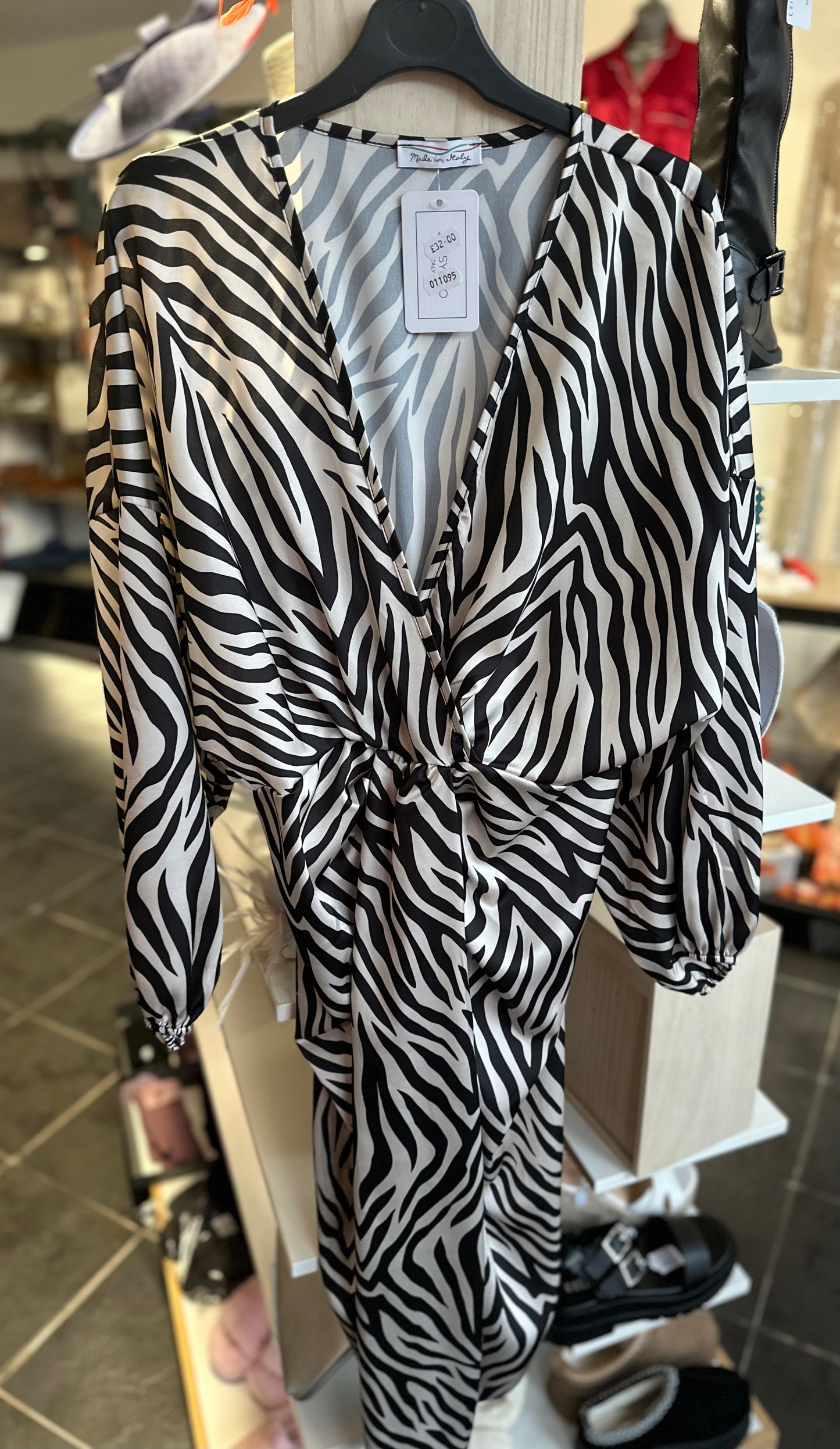 Zebra print pleated front midi dress (belt not included)