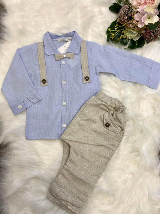 Boys blue brace detail long sleeve shirt & trouser set