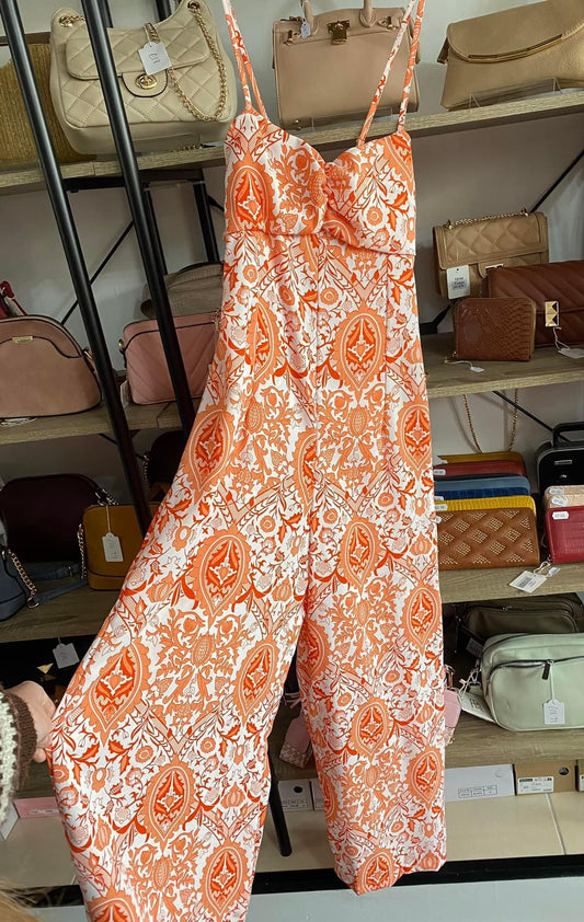 Orange pattern wide leg strap jumpsuit