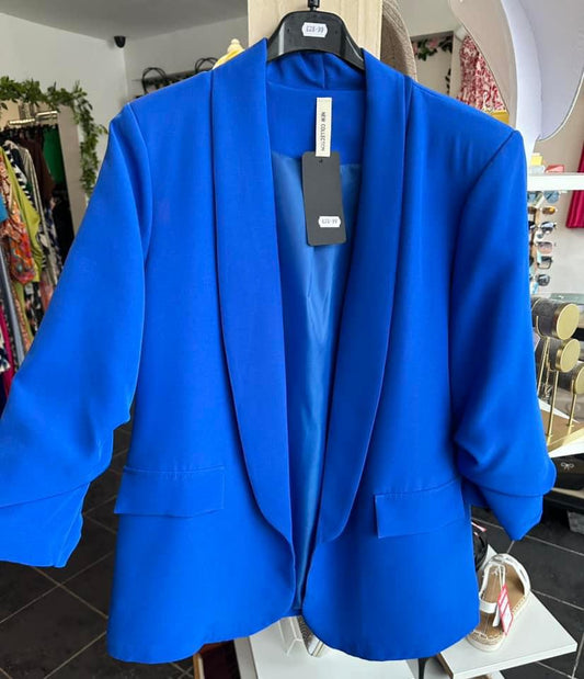 Ruched sleeve open blazer - Royal blue