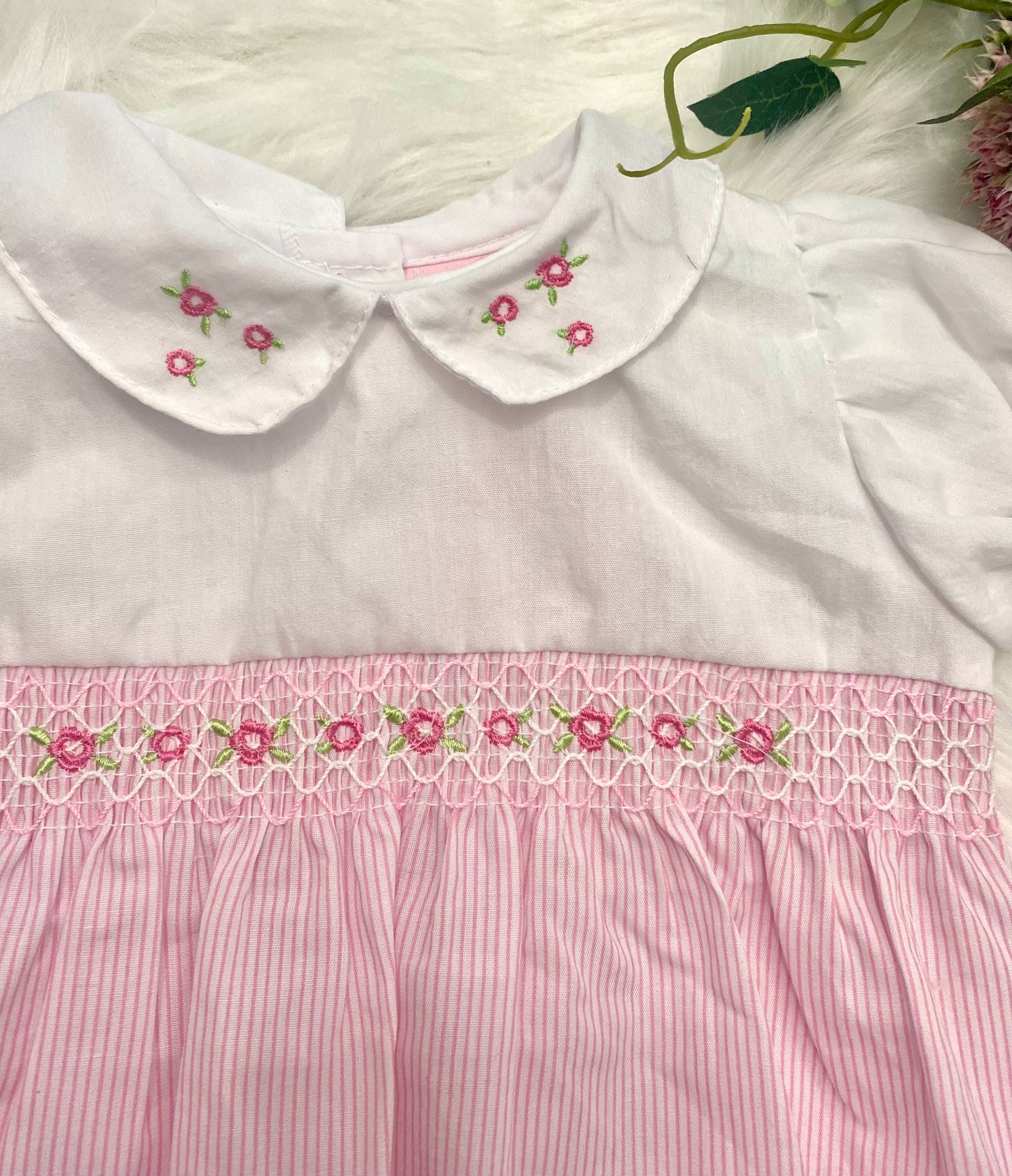 Pink & White flower detail smock romper