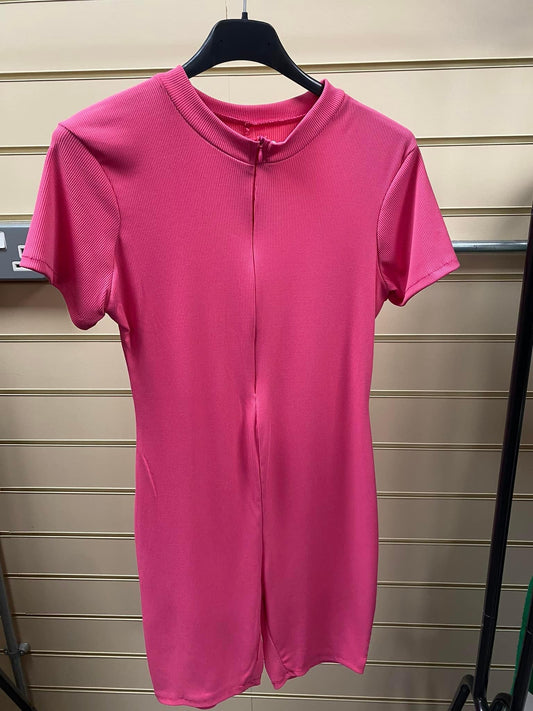 Pink ribbed zip up playsuit