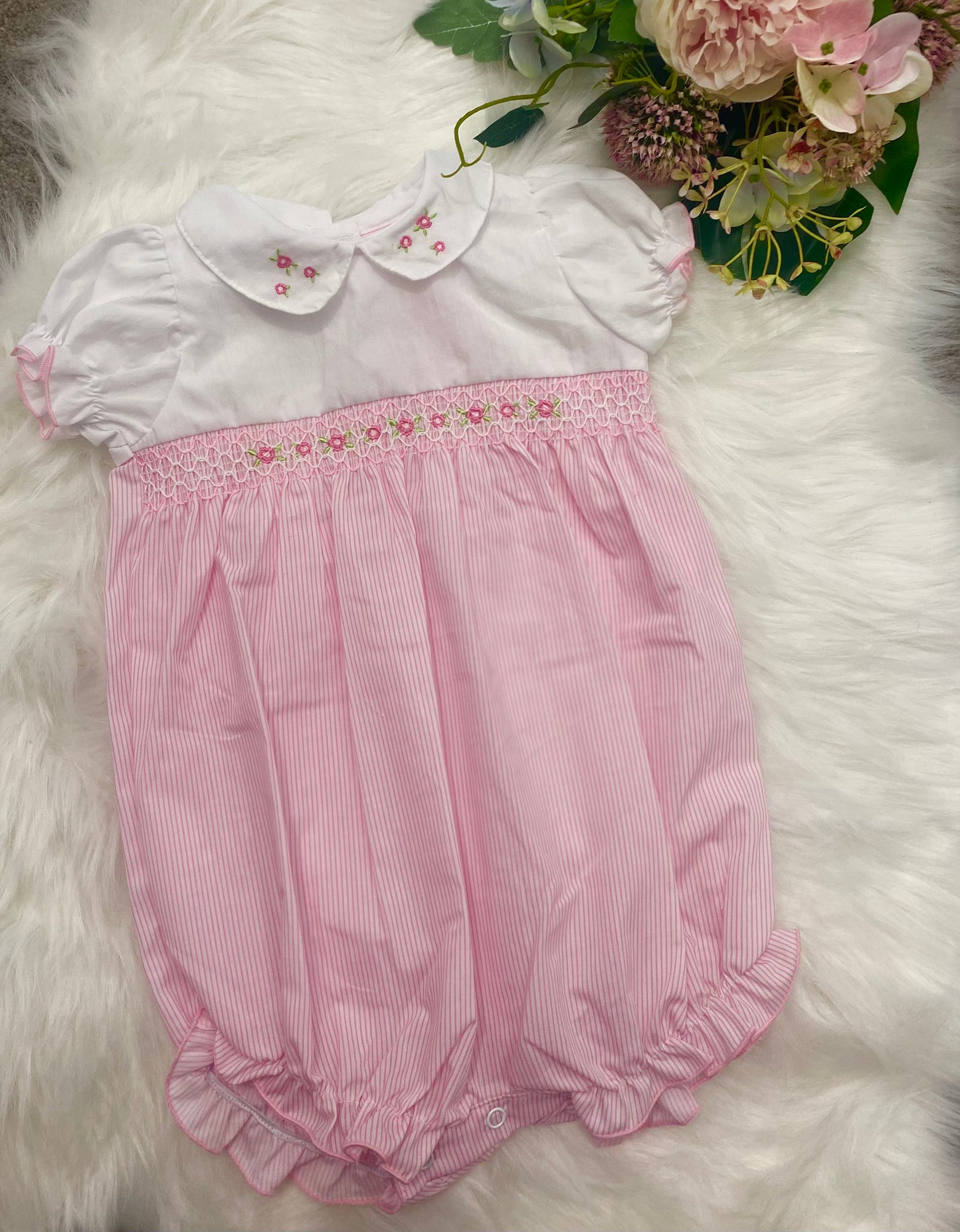 Pink & White flower detail smock romper