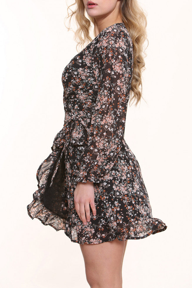 Floral Frill Wrap Over Long Sleeve Dress