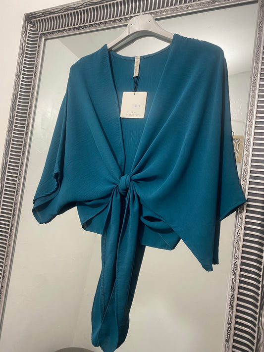 Teal knot front crop kimono