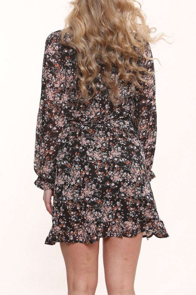 Floral Frill Wrap Over Long Sleeve Dress