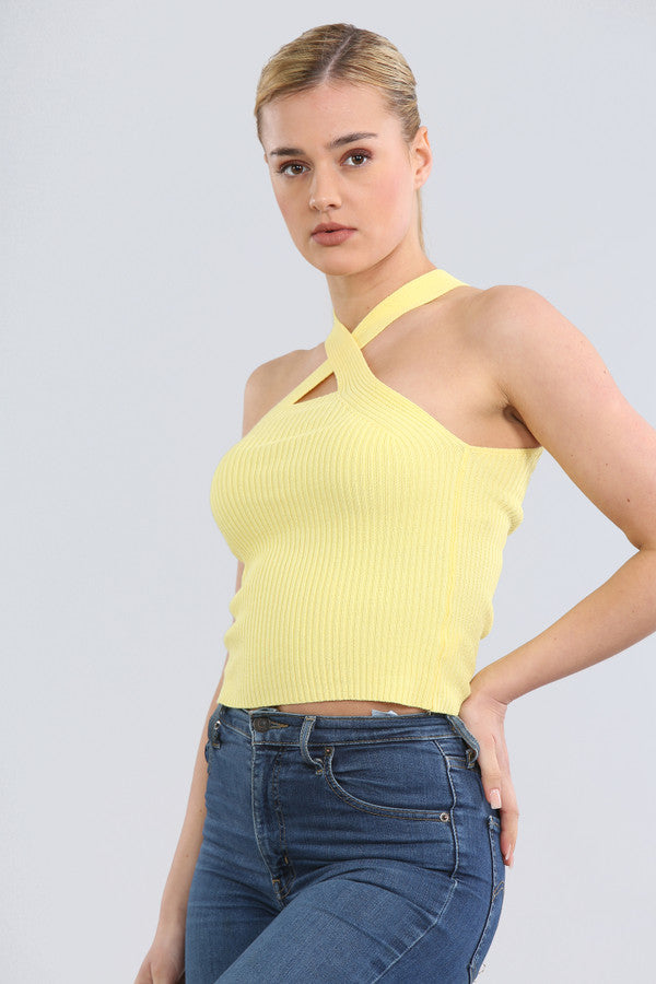 Yellow Halterneck Ribbed Crop Top