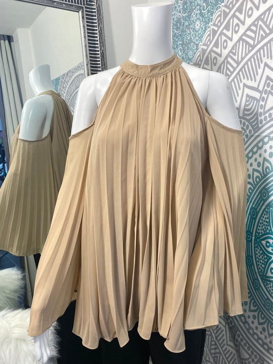 Beige cut out shoulder pleated blouse